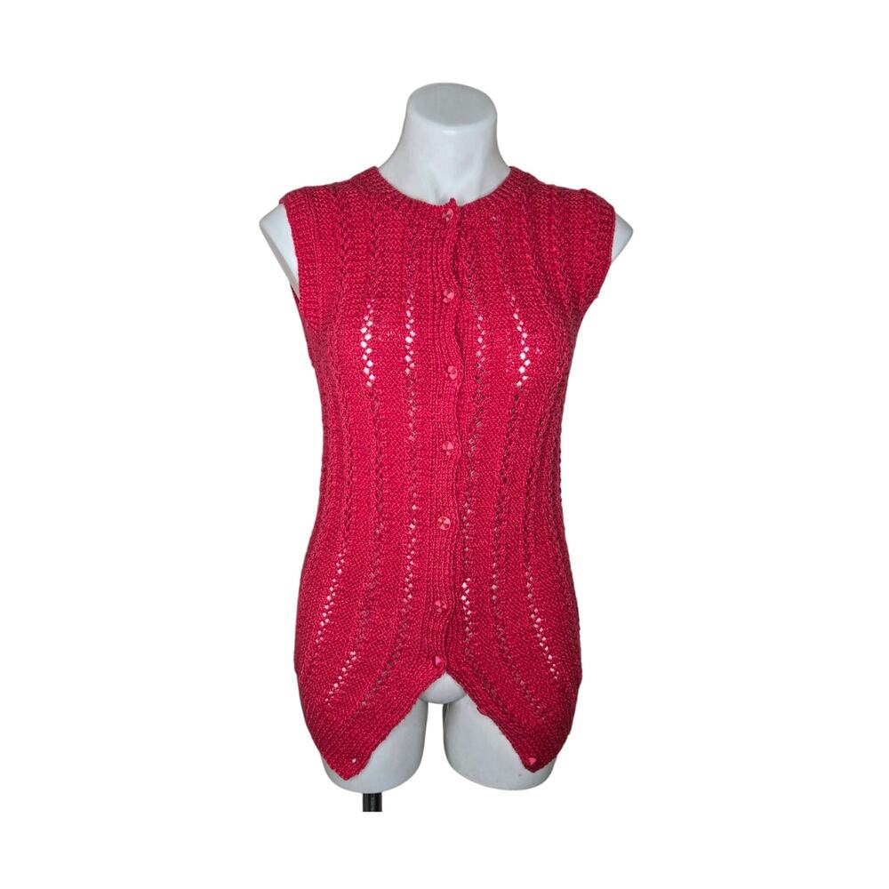 Crochet Knit Button Up Sleeveless Cardigan Bright Fuschia Size Small